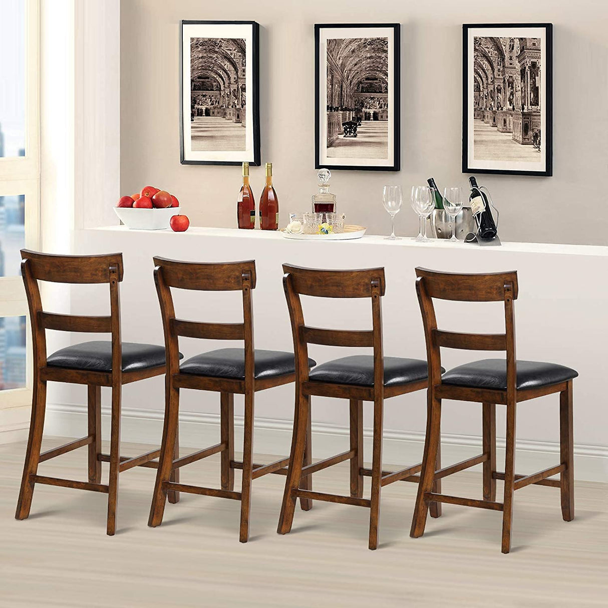 NAFORT Counter Height Bar Stools Set of 4, Farmhouse 25.5” Wood High Dining Chairs, Counter Stools with Back for Kitchen Restaurant Bar, Rubberwood Legs & Black PU Leather Cushion NAFORT