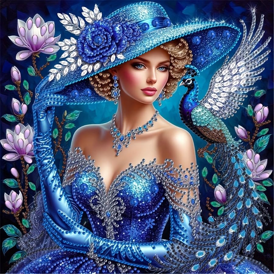 Semneroy Special Shape Diamond Art Kits for Adults, Lady in Blue Hat 5D Diamond Painting Kits for Beginners, DIY Peacock Rhinestone Diamond Dots Gem Painting Art Craft Home Decor 12 x12 Inch Semneroy