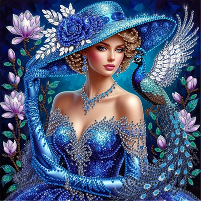 Semneroy Special Shape Diamond Art Kits for Adults, Lady in Blue Hat 5D Diamond Painting Kits for Beginners, DIY Peacock Rhinestone Diamond Dots Gem Painting Art Craft Home Decor 12 x12 Inch