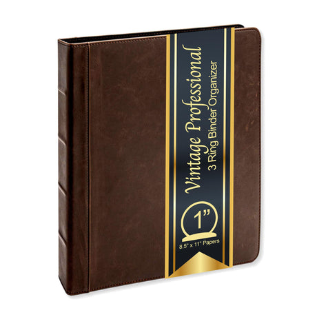 Vintage Professional 3 Ring Binder Organizer, 1-inch Round Rings, 8.5" x 11" Sheet Size, 2 Inner Pockets, 1.6" Spine, Appearance of Antique Brown Leather Ring Binder Depot
