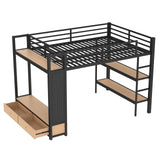 Bellemave Queen Size loft Bed with Wardrobe and Storage Shelves and Pegboard Drawers, Metal Queen Loft Bed Frame for Adults, Kids, Teens, Black Bellemave