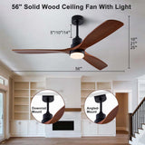 dearnow 56" wooden ceiling fan with lighted remote control, indoor outdoor wooden ceiling fan, outdoor modern ceiling fan with 3 fan blades for patio, living room, office, hallway and more.…… dearnow