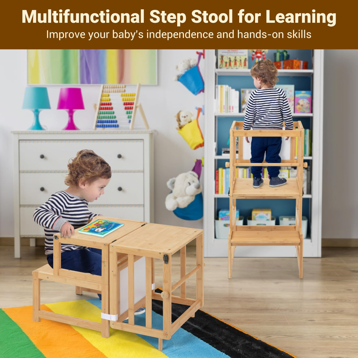 COSYLAND 3-in-1 Toddler Standing Tower with Whiteboard, Kids Kitchen Step Stool Convertible into Desk Table and Chair, Toddler Kitchen Stool Helper with CPC,SOR and CE Certified - Natural COSYLAND