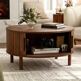 ZttRiee Coffee Table for Living Room, Modern Round Coffee Table with Cabinets & Sliding Doors, Home Small Space, 29.9" Fluted Center Table, Walnut ZttRiee