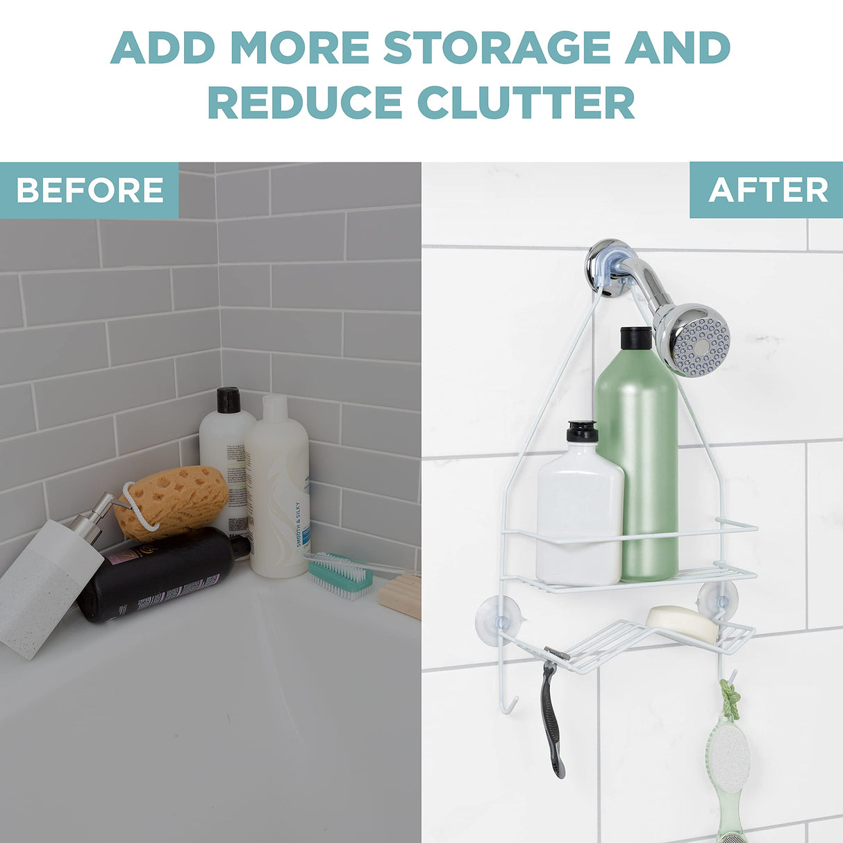 Zenna Home Rust Resistant Hanging Shower Caddy, Over the Shower Head Caddy with 1 Wide Shelf and Built In Soap Dish, Steel Bathroom Hanging Organizer, White Zenna Home