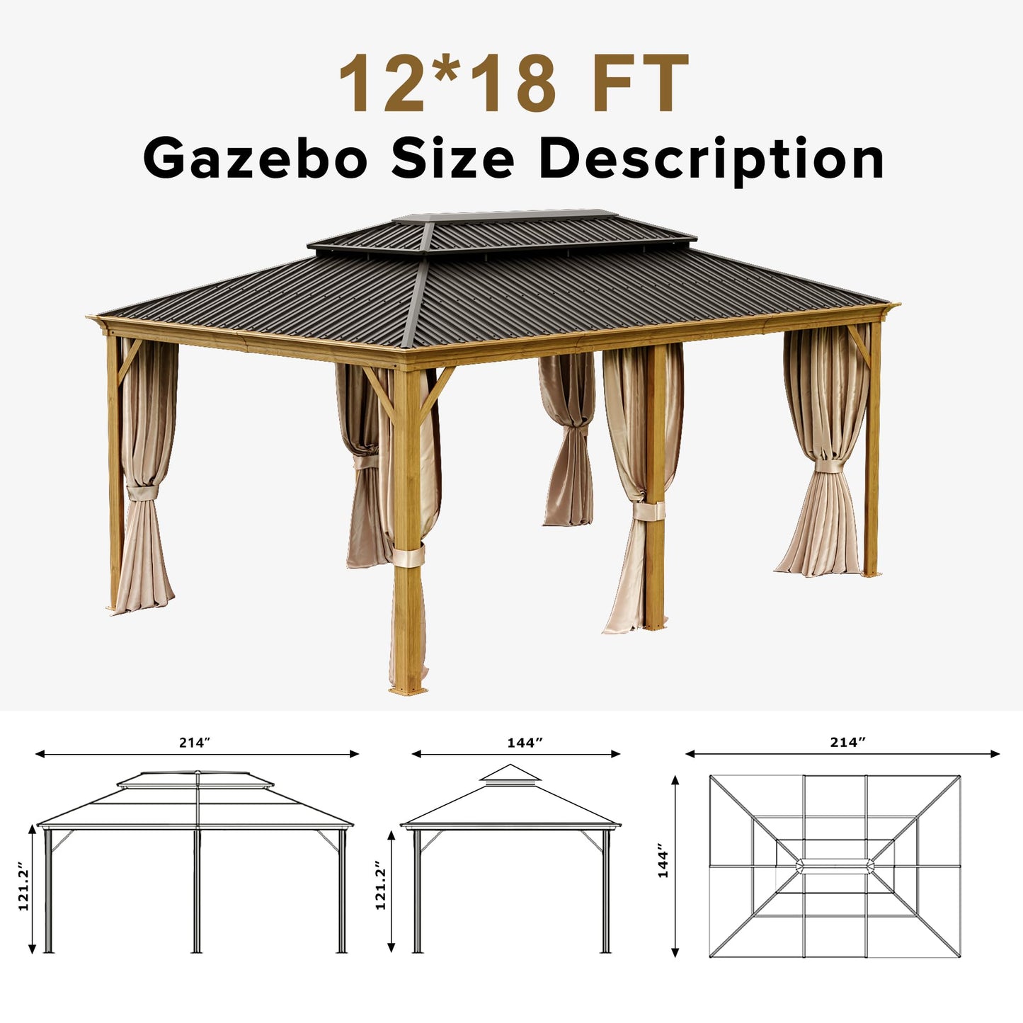 12x18ft Hardtop Gazebo, Wooden Finish Coated Aluminum Frame Canopy with Galvanized Steel Double Roof, Outdoor Permanent Metal Pavilion with Curtains & Netting for Garden, Brown (Wooden 12x18  - WoodArtSupply