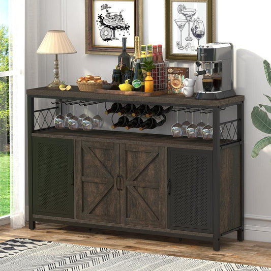 Aubtik Industrial Wine Bar Cabinet for Liquor and Glasses, Rustic Sideboard and Buffet with Wine Rack, Farmhouse Coffee Bar Cabinet with Storage, 51.34" (Walnut Brown)