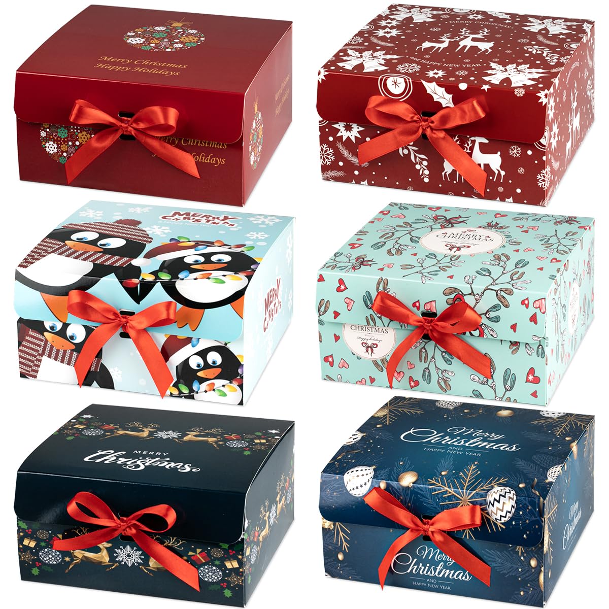 ARTLYMERS Boxes with Lids, 6 Pack Small Gift Boxes with Red Ribbon and Themed Pattern for Christmas Presents ARTLYMERS