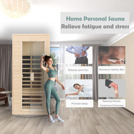 KUNSANA 1 Person Infrared Sauna, Home Sauna, Hemlock Wood Far Infrared Sauna, 1,200watt, Low EMF FAR Infrared with Bluetooth, LCD, LED Lights, for Home Indoor KUNSANA