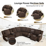 Power Electric Reclining Sectional Sofa with Wireless Charger for Living Room, Plush Faux Fur Sectional Couch with Recliner, 6 Seaters Comfy Recliner Corner Sectionals Sets with Cup Holders, Brown Comfort Stretch