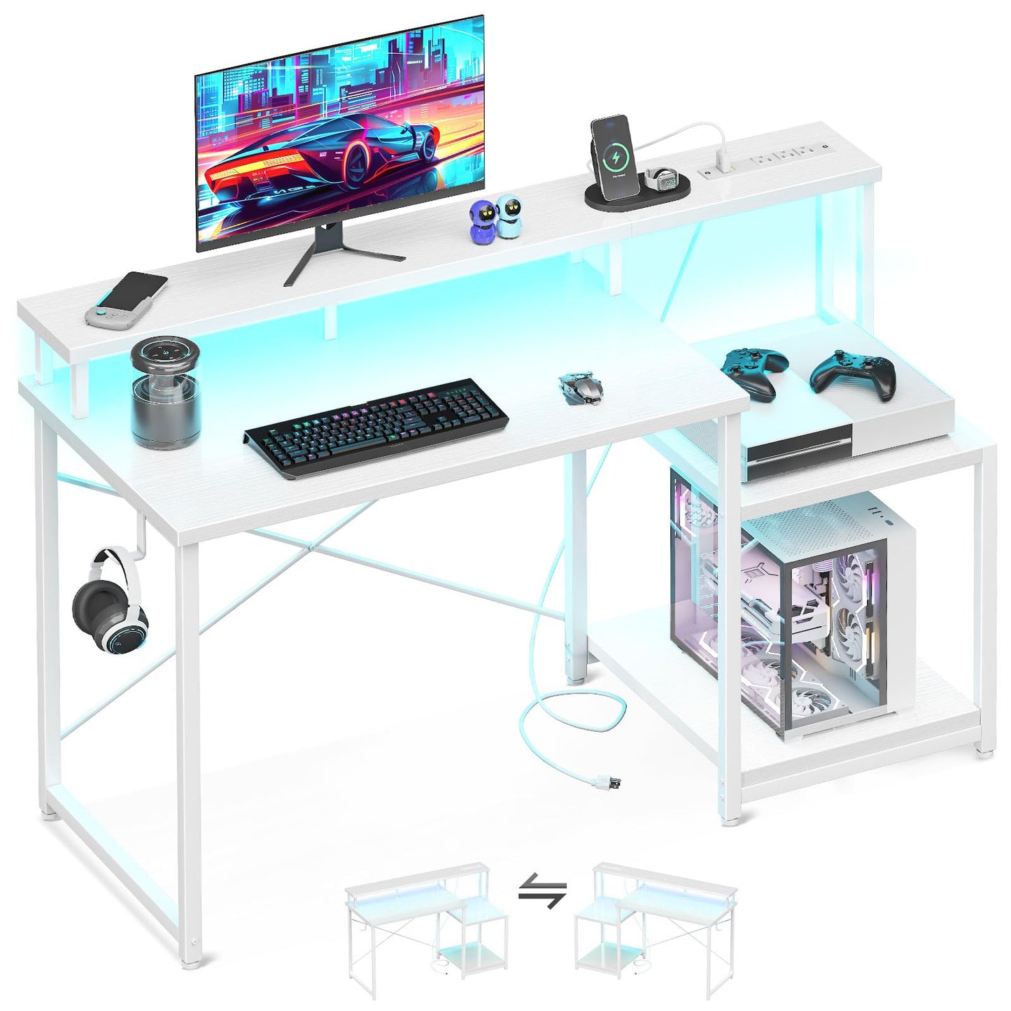 AODK Computer Desk, 48 Inch Gaming Desk with Led Lights & Power Outlet, Office Desk with Printer Storage Shelves, Reversible Desk with Monitor Shelf & Headphone Hook, White