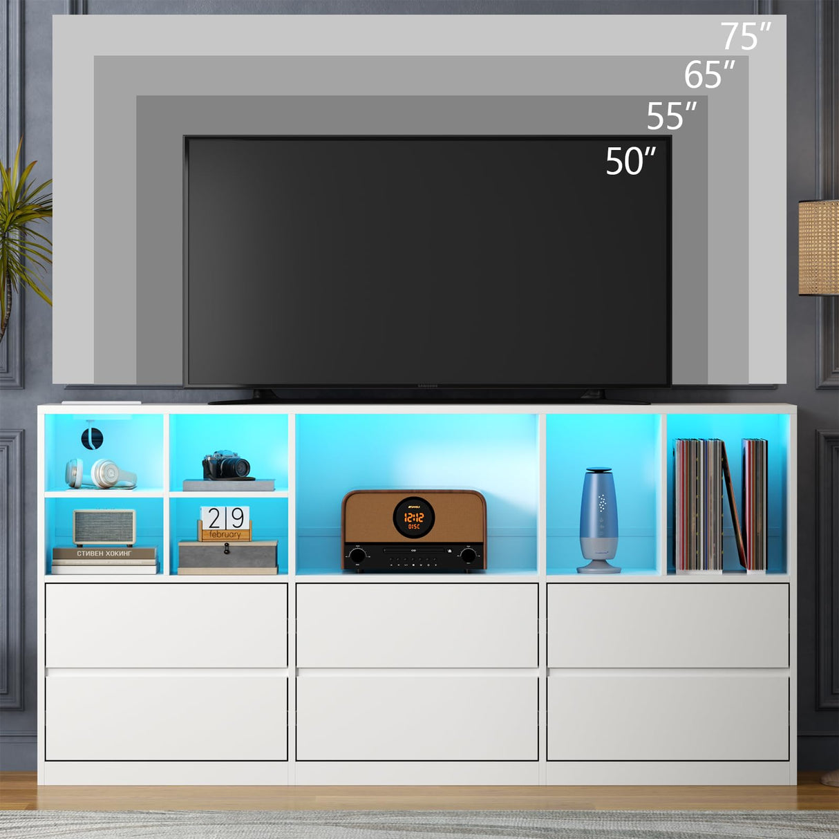 Gyfimoie White Dresser for Bedroom with 6 Drawers, Chest of Drawers with Led Lights&Charging Station, 63" Long Dresser with 7 Open Cubbies, Storage Drawers for Living Room, Closet, Hallway (White) Gyfimoie