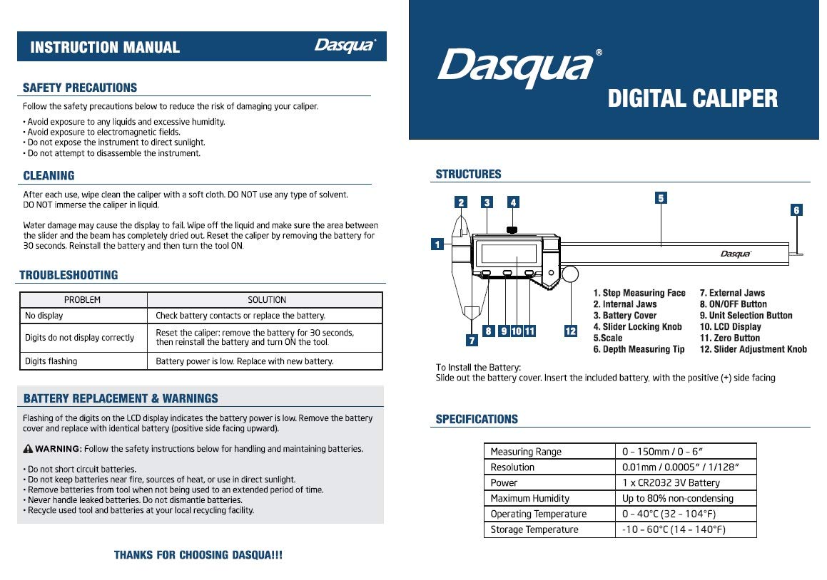Dasqua 2025-1005 0-150mm/0-6" Bluetooth Absolute Digital Caliper Dasqua