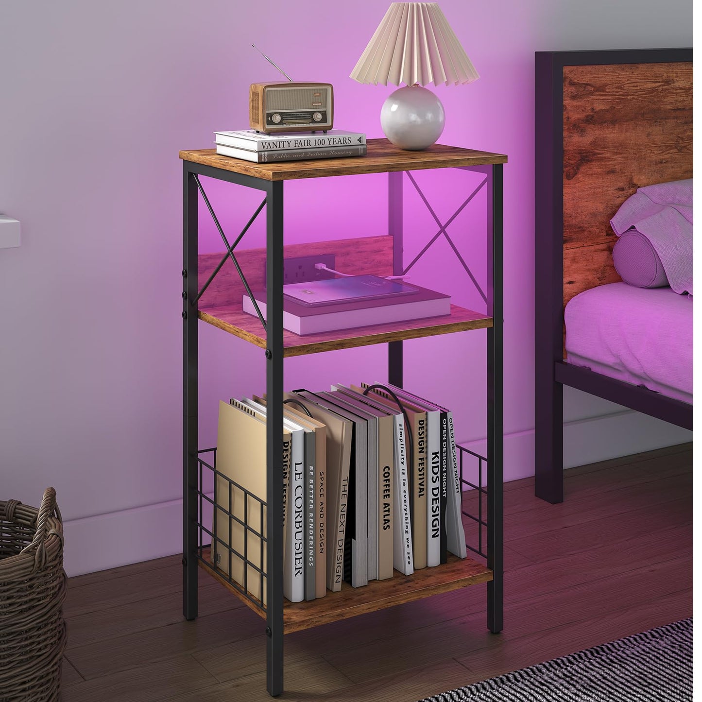 3 Tiers End Table with Charging Station, LED Side Table Turntable Stands for Vinyl Storage, Records Shelf for Albums, Vinyl Shelf Record Player Table for Living Room, Bedroom Rustic Brown