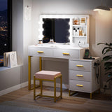 Semiocthome Makeup Vanity Desk with Mirror and Lights, Make Up Vanity Table Set with Power Outlet, Shelves and 5 Drawers, 3 Lighting Modes & Adjustable Brightness Dressing Table with Chair - White Semiocthome