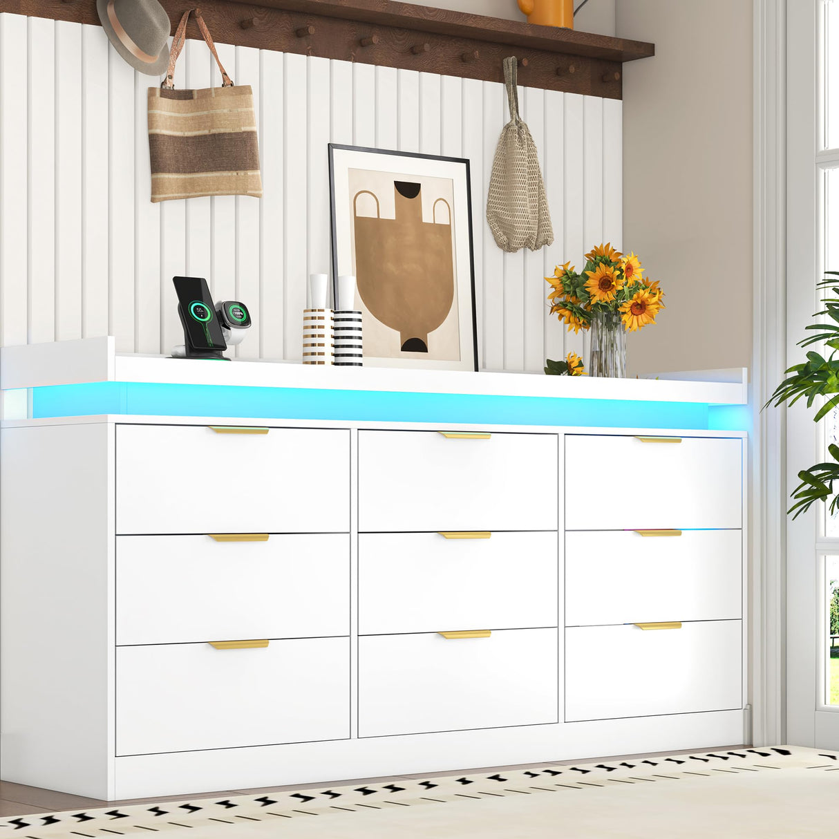 9 Drawer Dresser for Bedroom, White Dresser with LED Lights and Charging Station, Modern Chest of Drawer, Wood Triple Wide Drawer Organizer Cabinet for Bedroom, Living Room, Entryway, Hallway knoworld