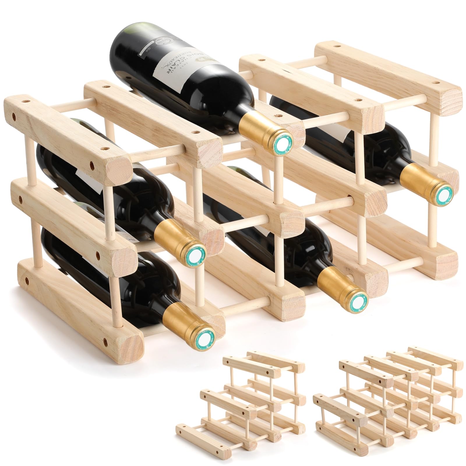 Wine Racks Countertop, 12 Bottles Capacity Wine Rack Free Standing Floor, DIY Assembly Wooden Wine Storage Holder Stand Shelf, Wine Bottle Organizer Insert for Cabinet, Home Kitchen,Restauran - WoodArtSupply