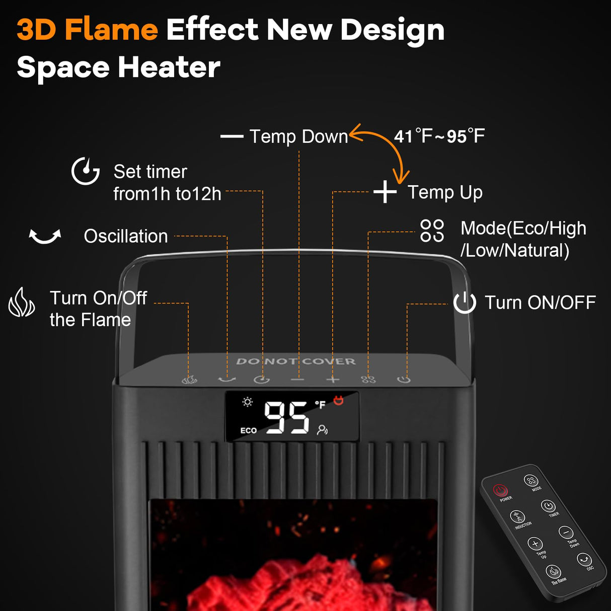 Space Heater with Infrared Sensor,Fireplace Flame Effect,1500W Oscillating Electric Ceramic Room Heater,Mini Fast Heating for Indoor Use,Bedroom,Office Room,Desk,Garage Verminget