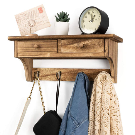Emfogo Rustic Wood Coat Rack with Shelf & Hooks - Farmhouse Wall Mounted Coat Rack for Entryway, Mudroom, Bedroom, Kitchen, Bathroom (Brown) Emfogo
