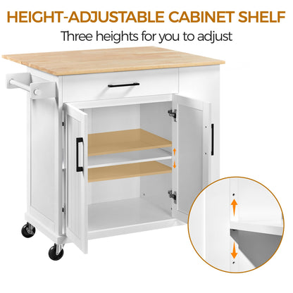 Yaheetech Rolling Kitchen Island Cart with Drop Leaf, Portable Rubberwood Breakfast Bar with Storage Cabinet, Open Shelves & Detachable Towel, 2 Drawers, White