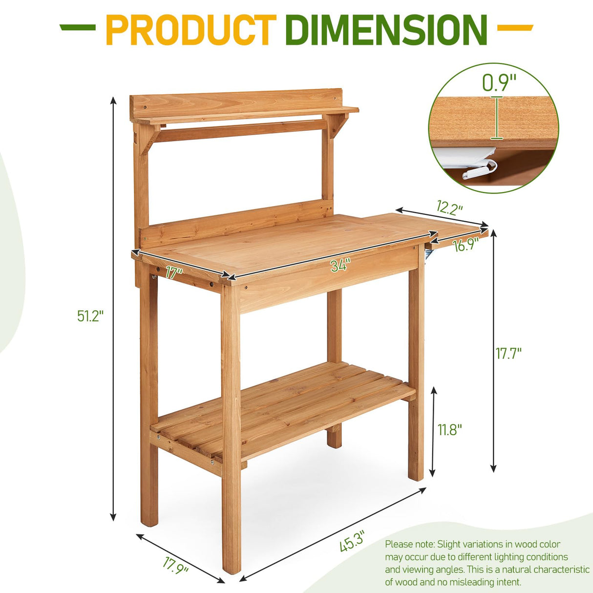 Outdoor Garden Potting Bench Table, Wooden Horticulture Planting Worstation with Metal Tabletop, 2 Drawers, Storage Shelf, 3 Hooks, Natural Wood (115 * 45.5 * 130CM) Generic