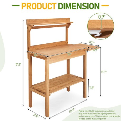 Outdoor Garden Potting Bench Table, Wooden Horticulture Planting Worstation with Metal Tabletop, 2 Drawers, Storage Shelf, 3 Hooks, Natural Wood (115 * 45.5 * 130CM) Generic