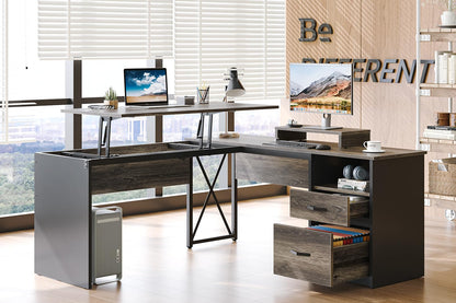 Bestier Lift Top L Shaped Desk with File Drawer, 55'' x 55'' Office Desk with Reversible Storage Drawers, L Shaped Standing Desk with Computer Monitor Stand (Retro Grey Oak Dark, 55'' x 55'')