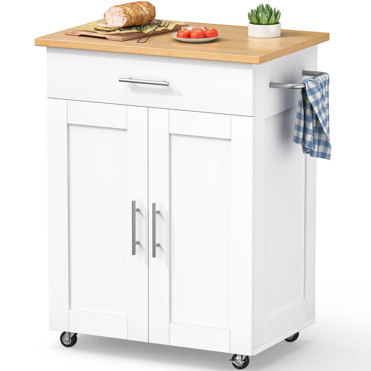 OtterOasis Kitchen Island Cart with Storage, Small Kitchen Island on Wheels with Large Drawer, Adjustable Shelf & Towel Rack, Rolling Island Table for Kitchen & Dining Room, White OtterOasis