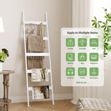 ELYKEN Blanket Ladder for Living Room, Farmhouse 5 -Tier Quilt Holder with 4 Removable Hooks for Bathroom, Wood Towel Rack Display, Wall Anchor Leaning Decorative Stand for Home Decor, White ELYKEN