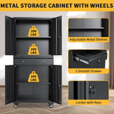 Metal Storage Cabinet with 360°Wheels And Drawers, 73"H X 30"L X 15"W Lockable Black Tool Cabinet with 4 Doors Lock-Adjustable Shelves And 2 Drawer, Utility Cabinet Ideal for Garage, Home, Office COOLYI