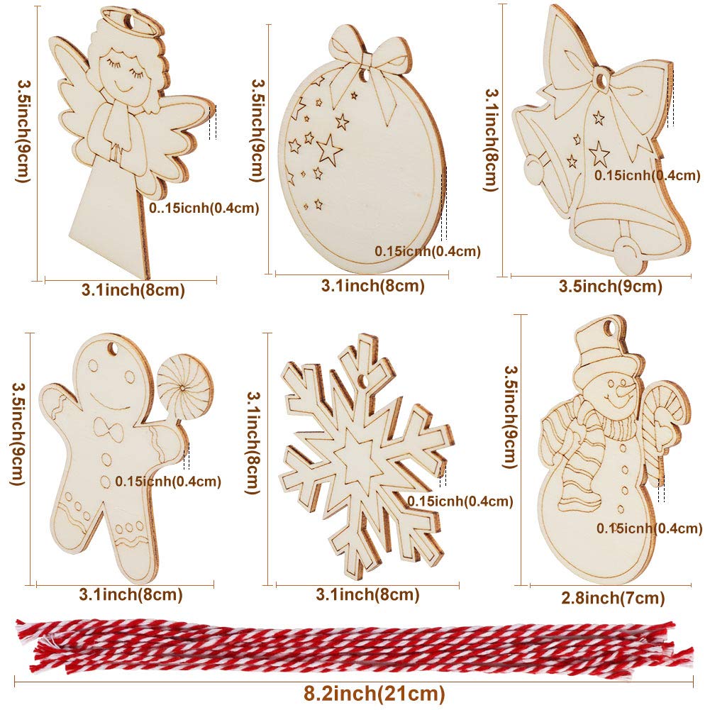 GUDELAK 48PCS Christmas Crafts for Kids, Wooden Christmas Ornaments Unfinished Wood Slices with 6 Styles, DIY Christmas Ornaments Kits for Christmas Tree Holiday Hanging Decorations GUDELAK