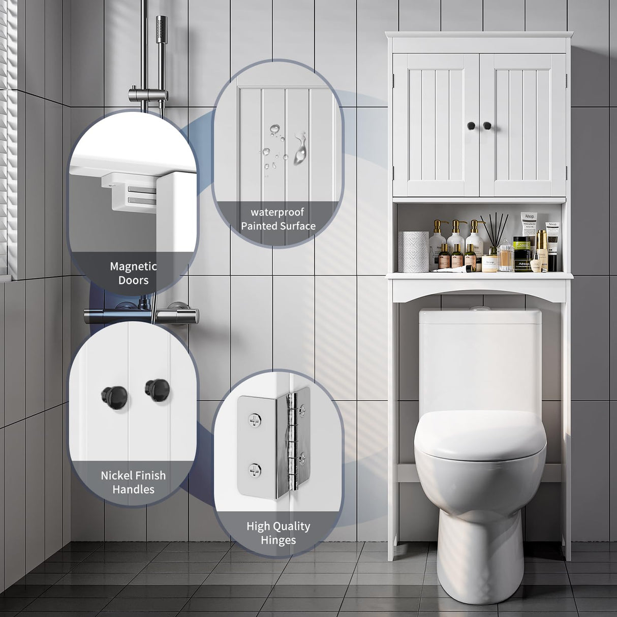 Bealife Over The Toilet Storage Cabinet with Open Shelf, Organizer with Adjustable Shelf and Double Doors,Over The Toilet Storage Shelf Free Standing- White Bealife