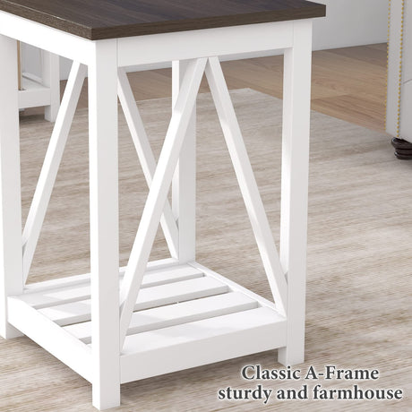 ChooChoo Farmhouse End Table, Rustic Vintage End Side Table with Storage Shelf for Small Spaces, Nightstand Sofa Table for Living Room, Bedroom White 2 Pack ChooChoo
