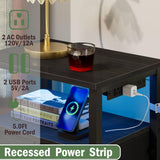 Furnulem Black Nightstand with Wood Shelf, Bedside Table with Led Light and Charging Station, 25.8 Inch End Table with 3 Fabric Storage Drawers, Small Side Table Night Stand for Bedroom Furniture Furnulem