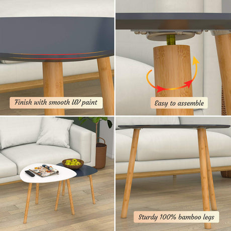 Bambloom Bamboo Nesting Coffee Tables - Small Coffee Table for Living Room, Set of 2 Triangle End Table Modern Side Table for Bedroom Apartment Balcony Yard Small Spaces, (White & Gray) Bambloom
