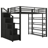 SOFTSEA Full Size Loft Bed with Storage Stairs, Full Metal Loft Bed with Wardrobe, Shelves, Cabinets and Wardrobe for Adults, Stairway Loft Bed Heavy Duty with Storage Steps for Kids Teens, Black SOFTSEA