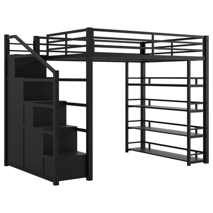 SOFTSEA Full Size Loft Bed with Storage Stairs, Full Metal Loft Bed with Wardrobe, Shelves, Cabinets and Wardrobe for Adults, Stairway Loft Bed Heavy Duty with Storage Steps for Kids Teens, Black