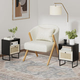 Masupu Boho Night Stand, Small Rattan Side Table, Wood Nightstand with Drawer and White Oak Shelf, Bedside Table, End Table for Bedroom,Living Room,Office (Black Frame) Masupu