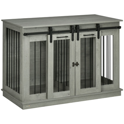 PawHut Dog Crate Furniture with Divider, Dog Crate End Table for Small to Large Dogs, Large Indoor Dog Kennel with Double Doors, 47" W x 23.5" D x 35" H, Gray