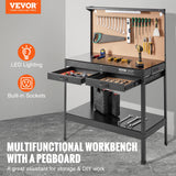 VEVOR Workbench, A3 Steel Workbenches for Garage max 1500W, Heavy Duty Work Bench with 220lbs Load Capacity, Hardwood Workbench with 1.5m Cable 4xAC outlets 2xUSB Ports VEVOR