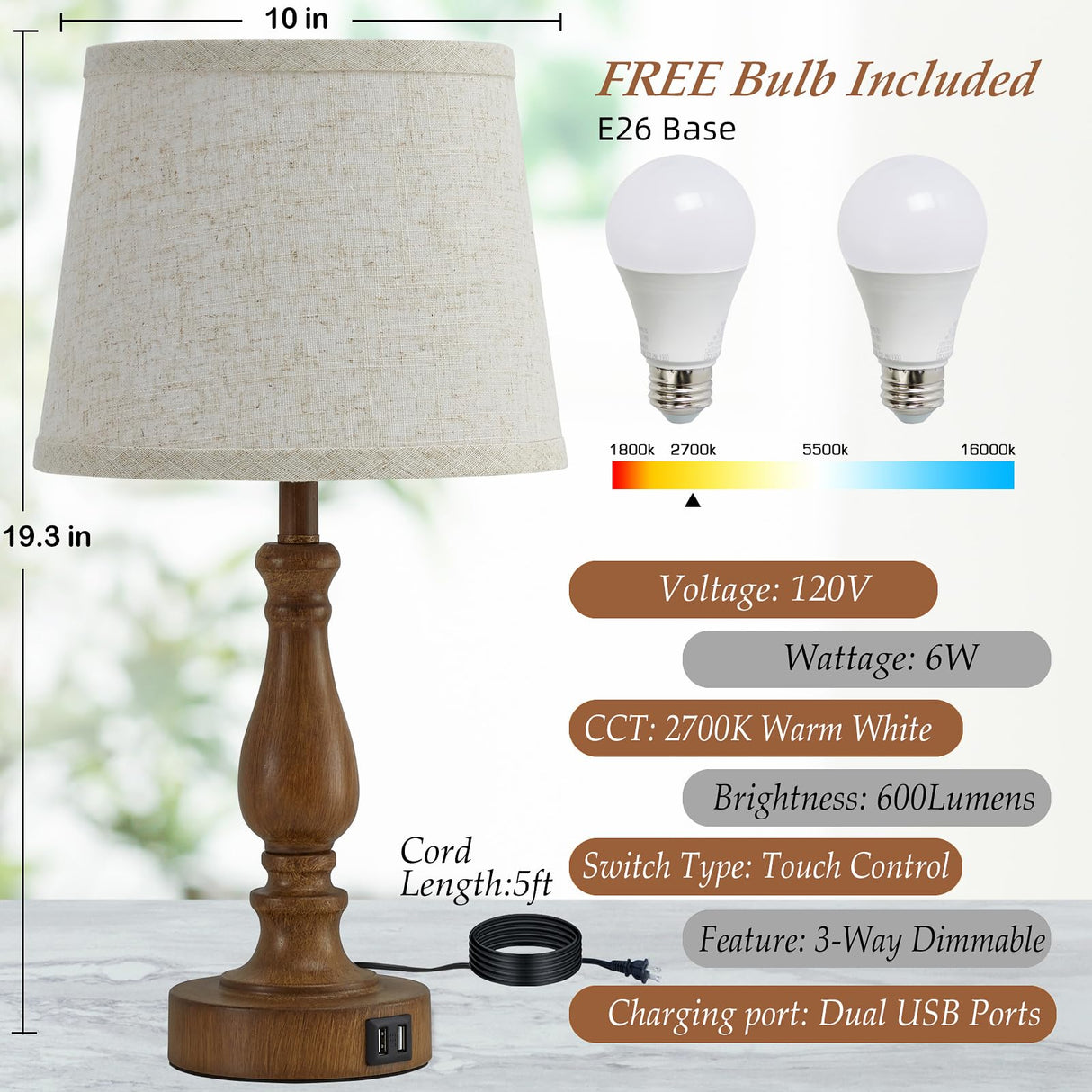 EJIAXIN Classical Table Lamps for Bedrooms Set of 2 - Touch Bedside Lamps with Dual USB Ports, 3 Way Dimmable Nightstand Lamps for End Tables, Farmhouse Night Stand Lamps for Living Room Guest Room EJIAXIN