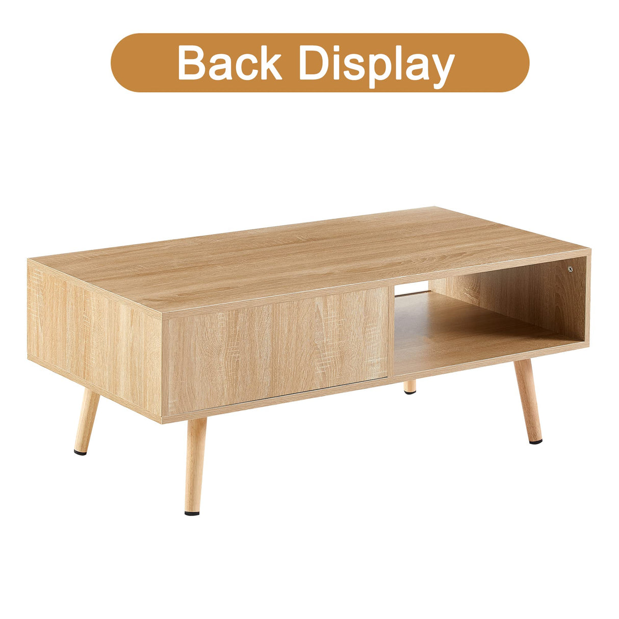 Ganooly Mid Century Modern Coffee Table with Storage, 41.3 Inch Rectangle Wooden Accent Center Tables with Sliding PE Rattan Woven Door Panel and Solid Wood Legs, Suitable for Living Room, Apartment Ganooly