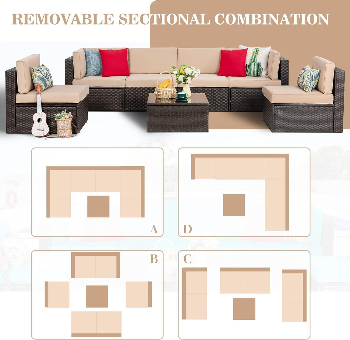 Vongrasig 7 Pieces Patio Furniture Sets, Outdoor Patio Conversation Set PE Rattan Wicker Sectional Sofa Couch with Glass Coffee Table for Garden, Poolside, Backyard, Beige Vongrasig