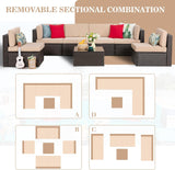 Vongrasig 7 Pieces Patio Furniture Sets, Outdoor All-Weather Wicker Patio Conversation Sets, L-Shaped Rattan Sectional Patio Sofa with Glass Table for Backyard, Beige Vongrasig