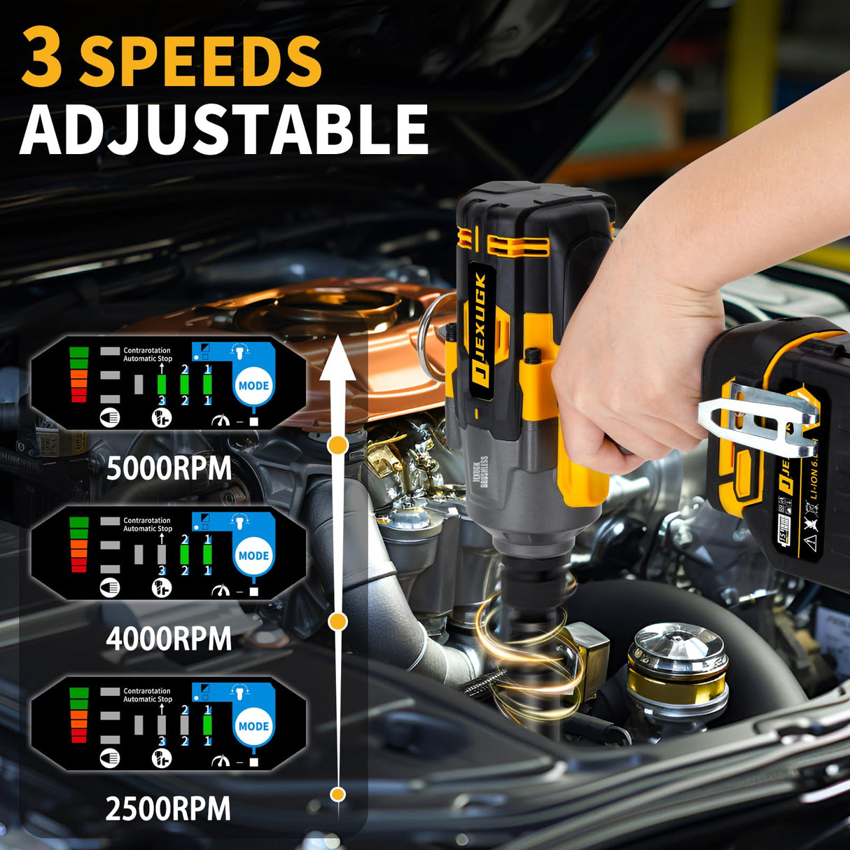 JEXUGK 2000Nm Cordless Impact Gun, 3/4" To 1/2" 2 x 6.0AH Battery Heavy High Torque Impact Wrench, 1500Ft-lbs Brushless Eléctrica Pistola de Impacto, Power Llave de Impacto for Truck Mower Car Repair JEXUGK