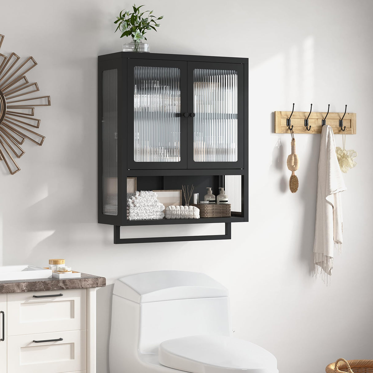 Qiaoxuan Bathroom Wall Cabinet, Over The Toilet Space Saver Storage Cabinet, Medicine Cabinet with 2 Glass Door and Towel Bar, Metal Wall Mounted Cabinet for Bathroom Laundry Room Kitchen Qiaoxuan