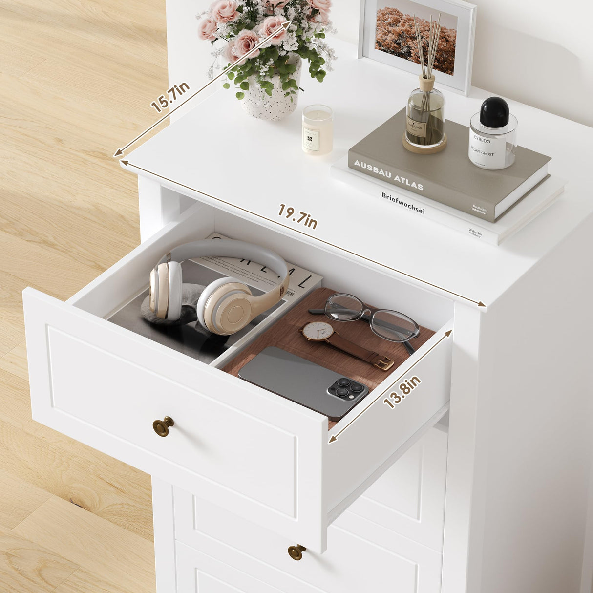 TTVIEW 4 Drawer Dresser, White Dresser Antique Chest of Drawers with Solid Frame, Tall Wood Storage Chest Cabinet for Living Room, Bathroom, Entryway, White TTVIEW