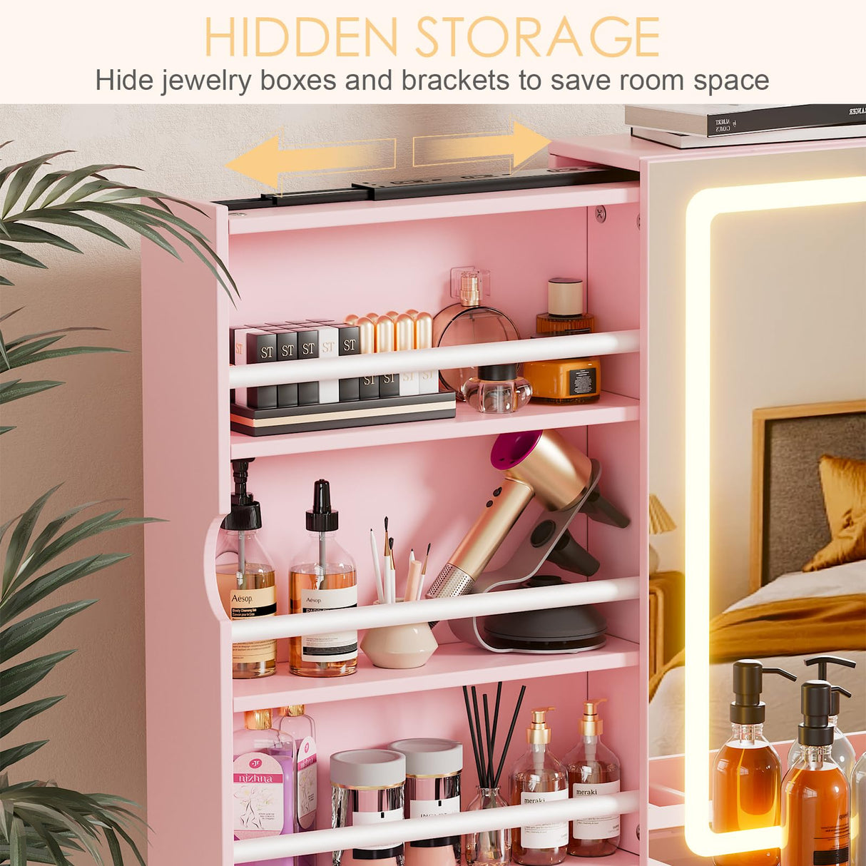 SDMY 46" Makeup Vanity with Large LED Mirror, Glass Tabletop Vanity Desk, 11 Storage Drawers, Hidden Storage Behind Mirror, Charging Station, Bedroom Vanity with Mirrored Cabinet (Pink) SDMY