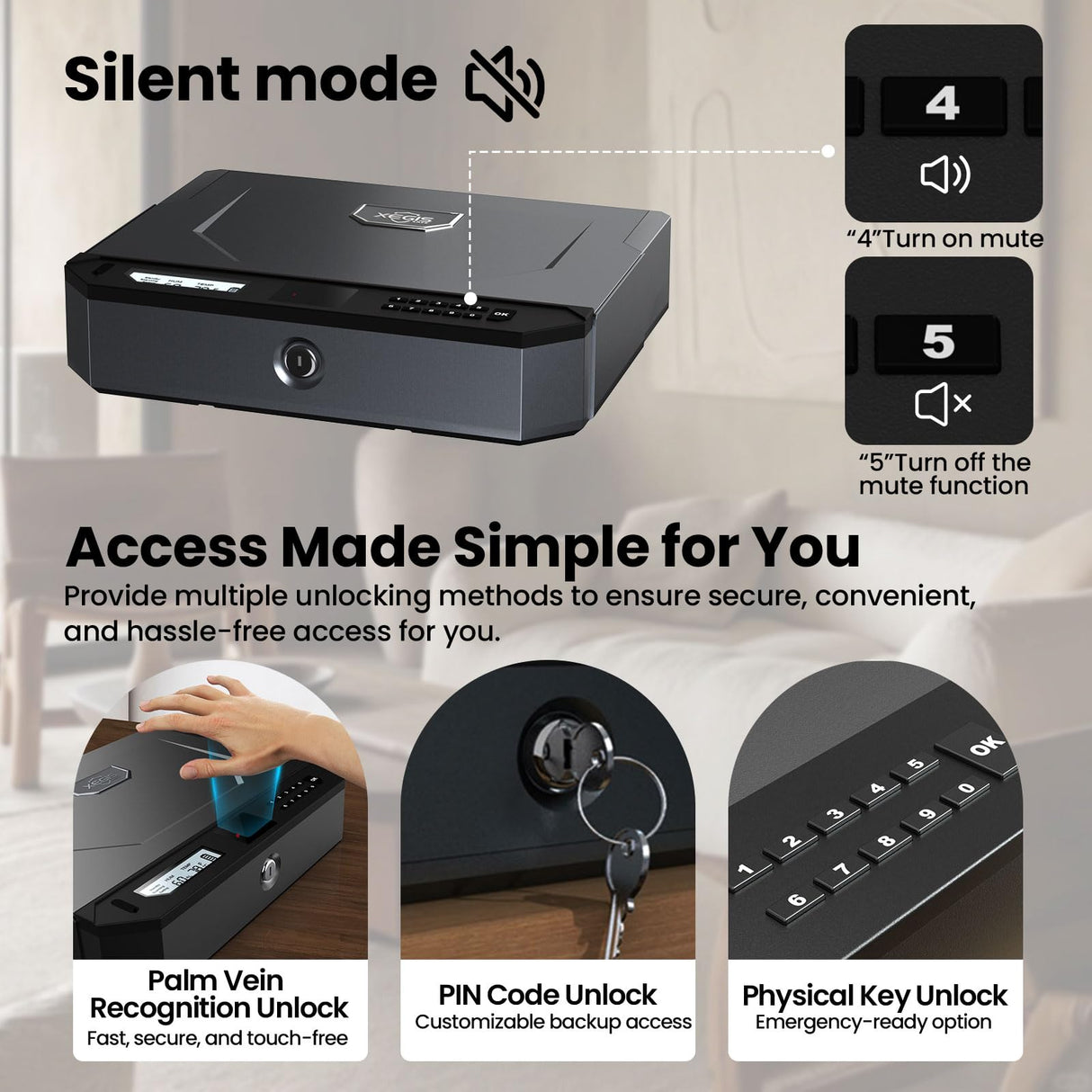 XEGIS SAFE AI Smart Palm Vein Gun Safe - Contactless 0.1s Access & 100% Unlock for Wet, Dirty, Calloused, Peeling Hands & in Darkness, Biometric Handgun Pistol Box for Nightstand, Home & Car, Grey XEGIS SAFE