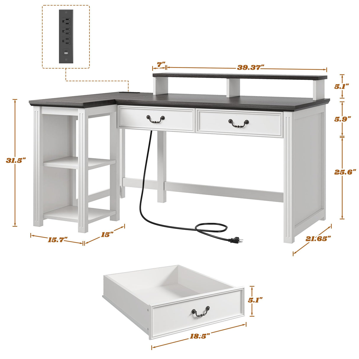 EnHomee 55" Computer Desk, L Shaped Desk with Drawers, Office Desk with Long Monitor Stand, Farmhouse Desk with Power Outlets & LED Lights, Home Office Desks for Bedroom with Storage Shelves EnHomee